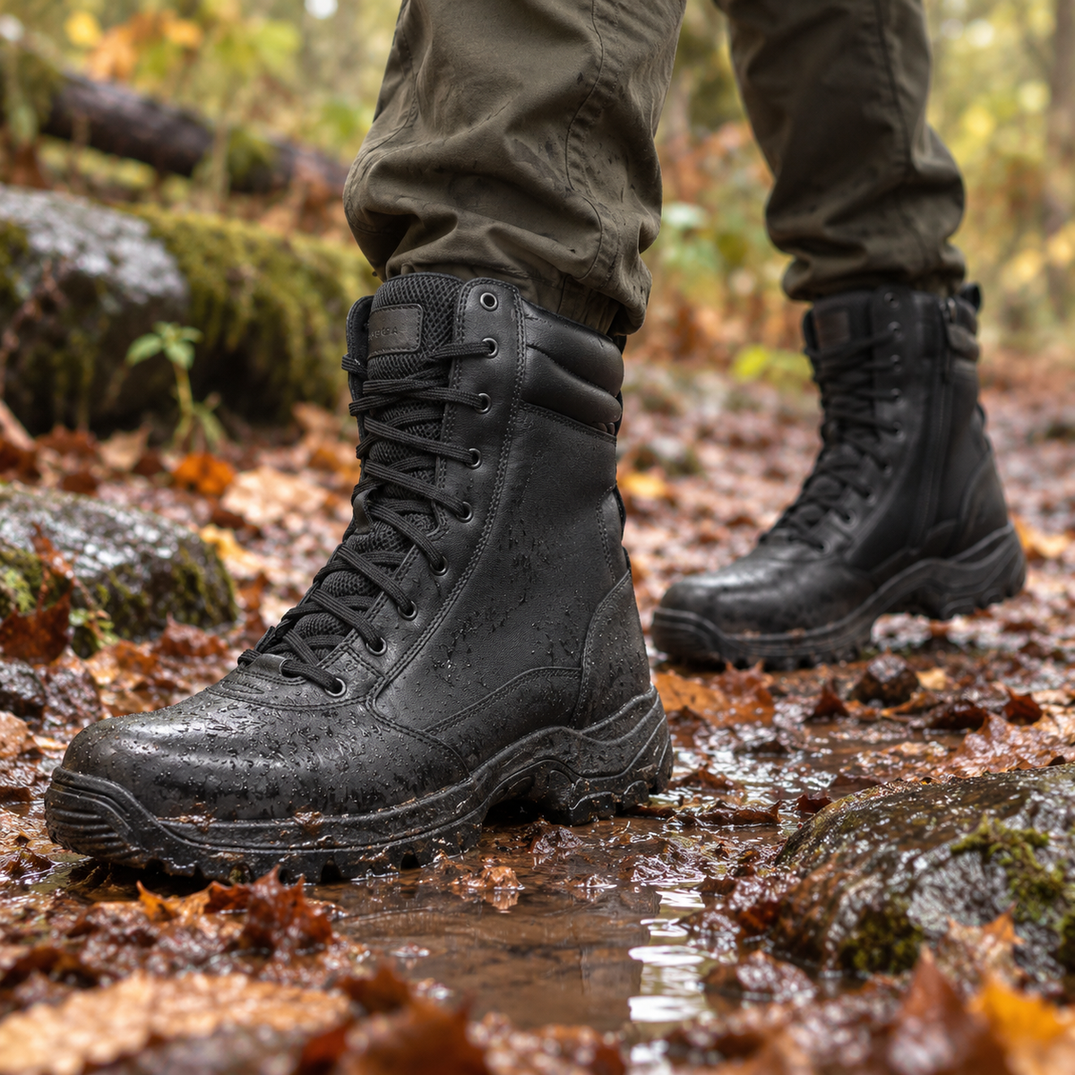 QUIVE Combat 3.0 black leather boots worn in wet autumn woodland
