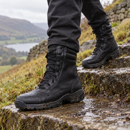 QUIVE Combat M-21 black leather boots worn on damp countryside steps