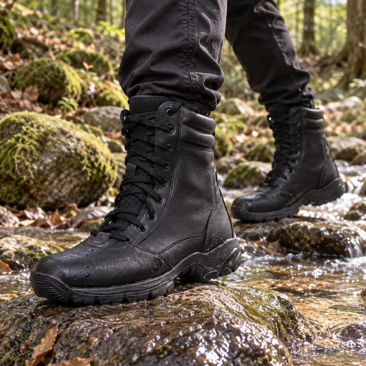QUIVE Combat M-21 black leather boots worn beside a woodland stream