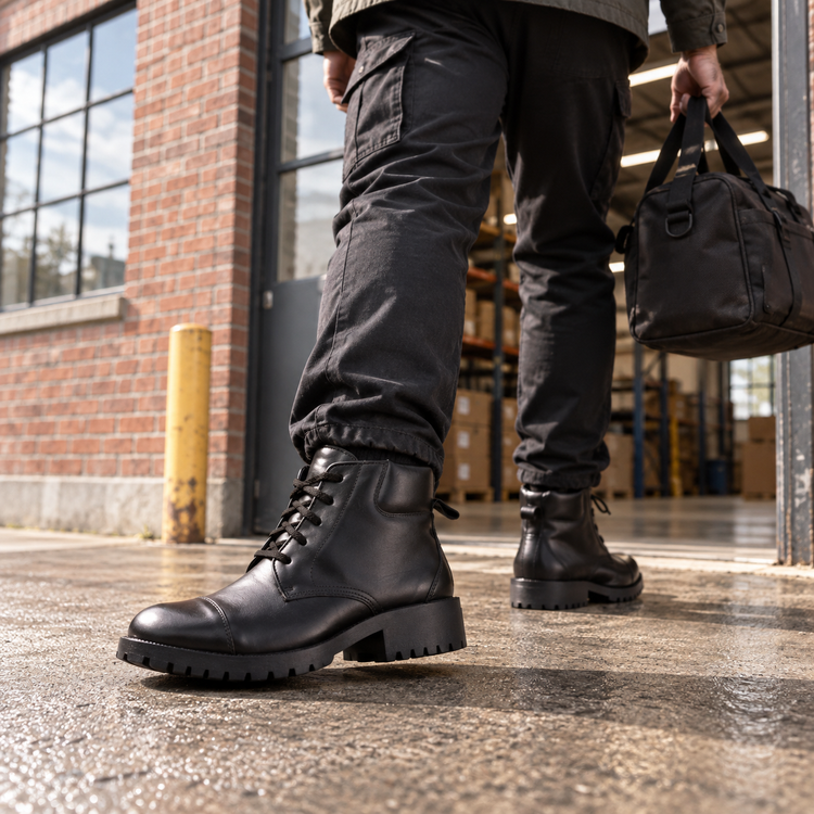 QUIVE DMS black leather work shoes worn outside a brick warehouse