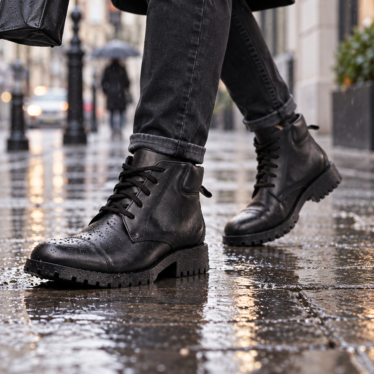 QUIVE DMS black leather work shoes worn on a rainy urban commute