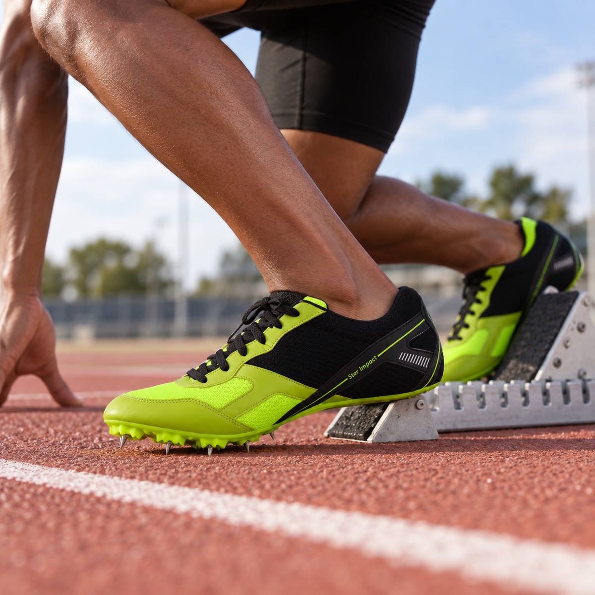 Green and black QUIVE Flower track spikes worn in starting blocks
