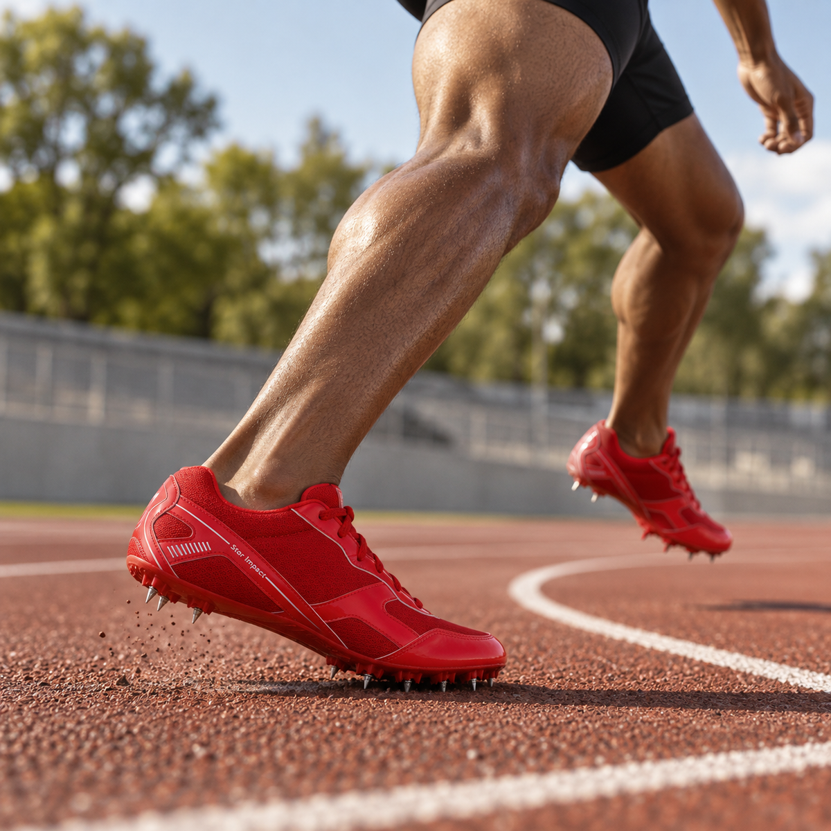 Red QUIVE Flower track spikes worn while accelerating on an athletics track
