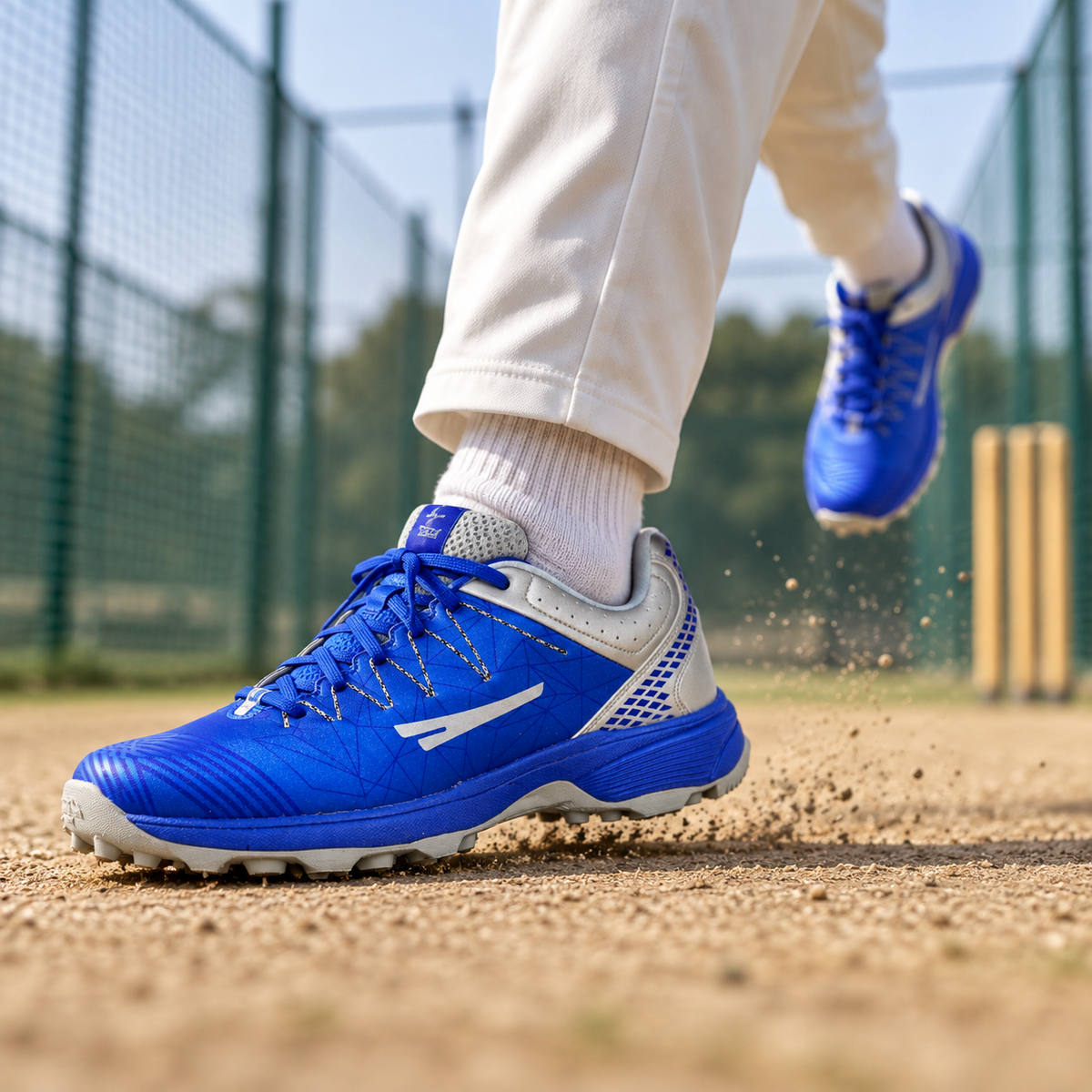 Blue QUIVE G-Power cricket shoes worn during a bowling run-up