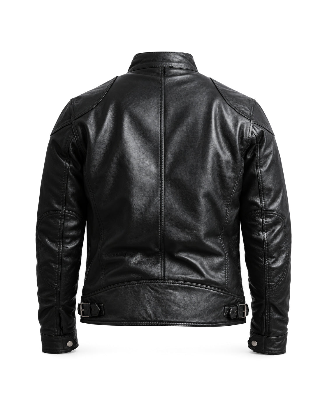 HARROW men's black sheepskin leather jacket, rear studio view