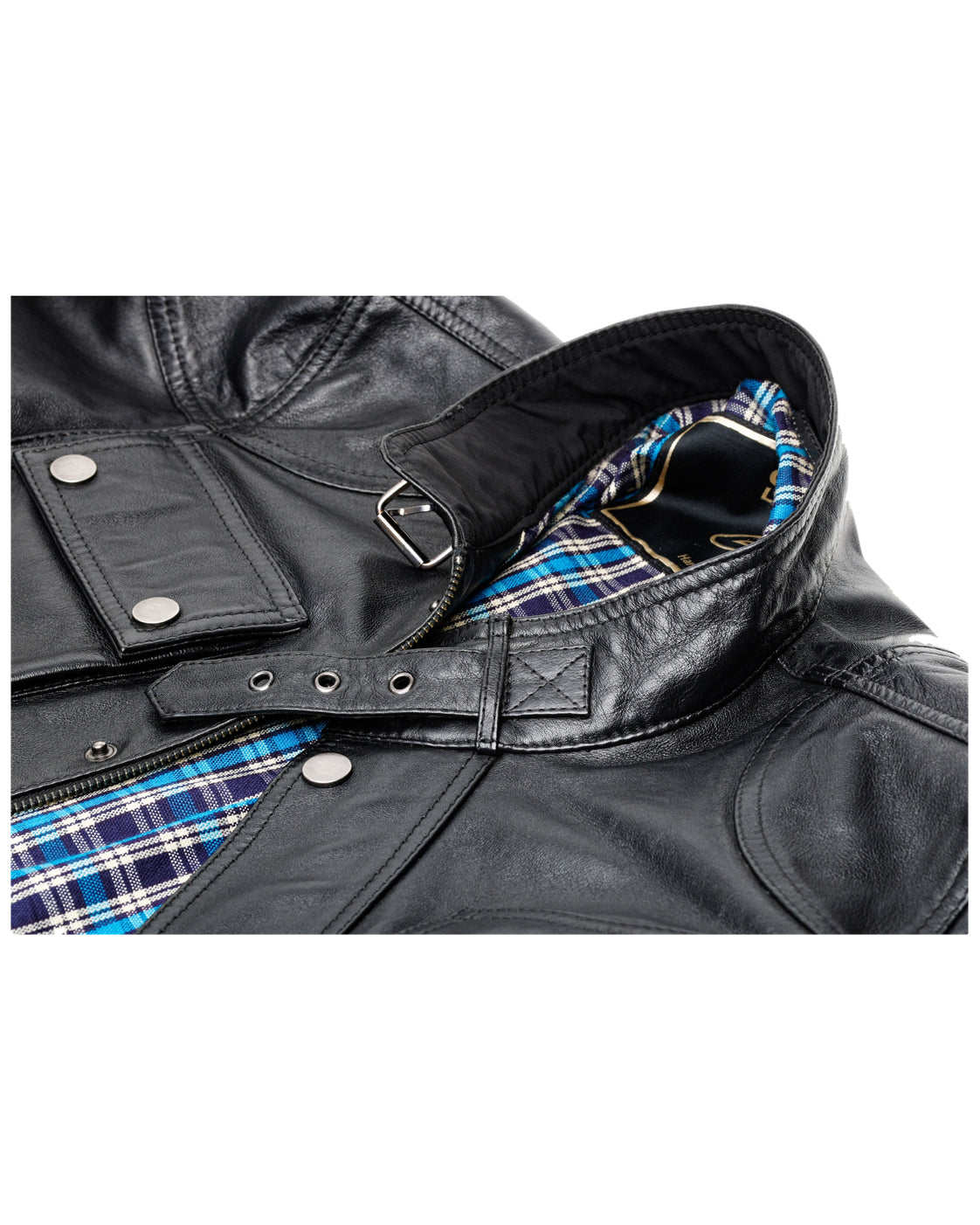 HARROW black leather jacket collar, checked lining and pocket detail