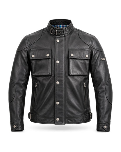 HARROW men's black sheepskin leather jacket, front studio view