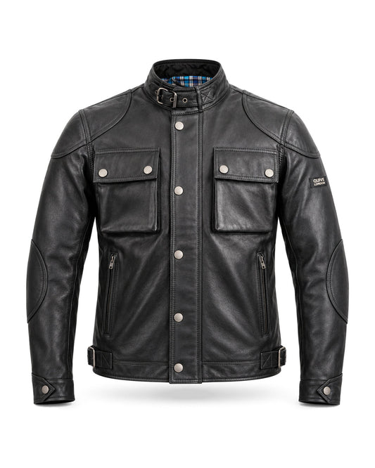 HARROW men's black sheepskin leather jacket, front studio view