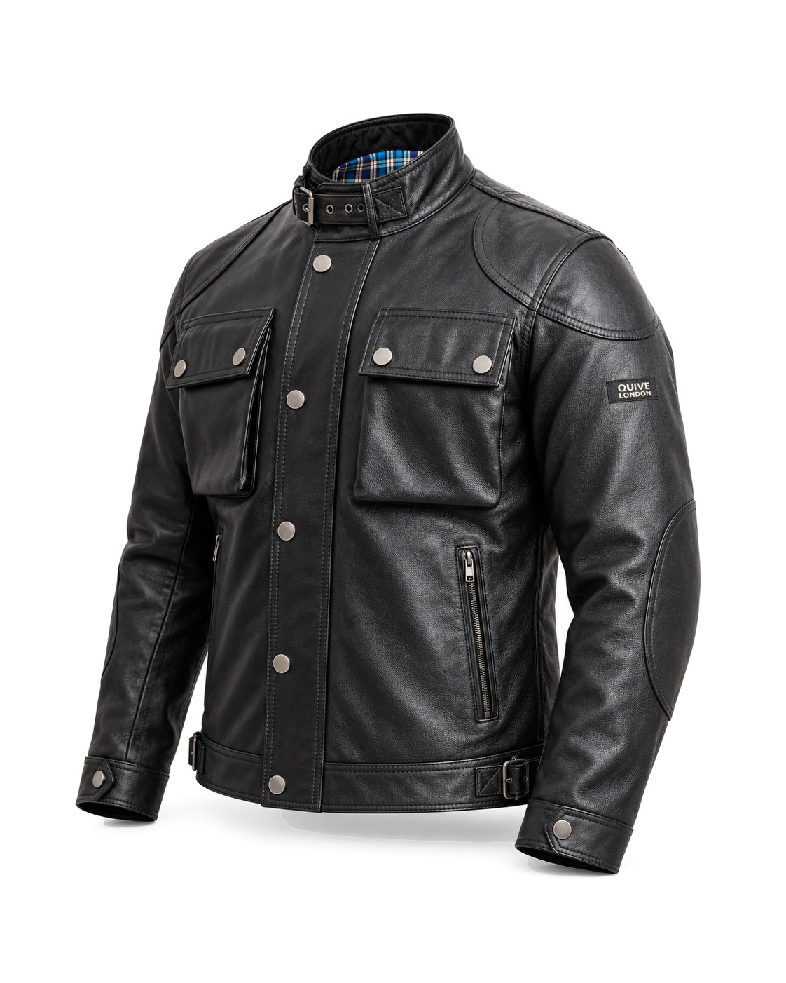 HARROW men's black sheepskin leather jacket, three-quarter studio view