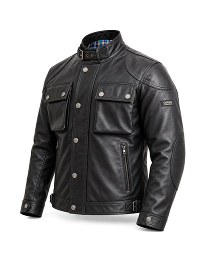 HARROW men's black sheepskin leather jacket, three-quarter studio view