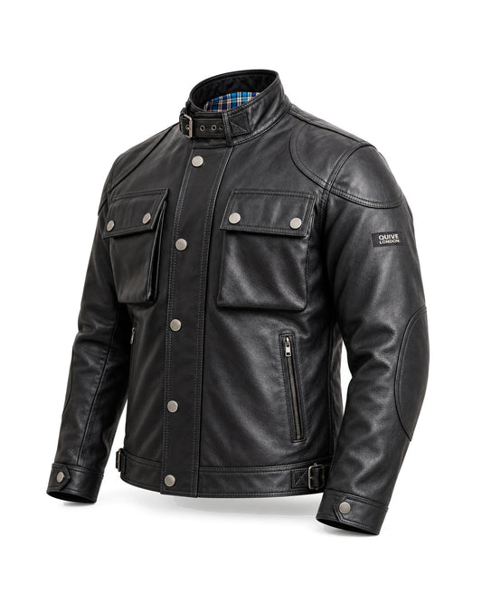 HARROW men's black sheepskin leather jacket, three-quarter studio view