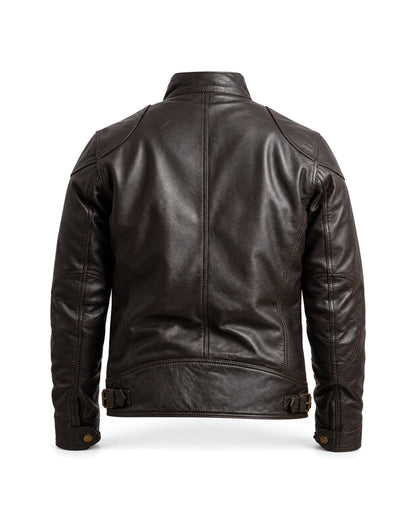 HARROW men's brown sheepskin leather jacket, rear studio view