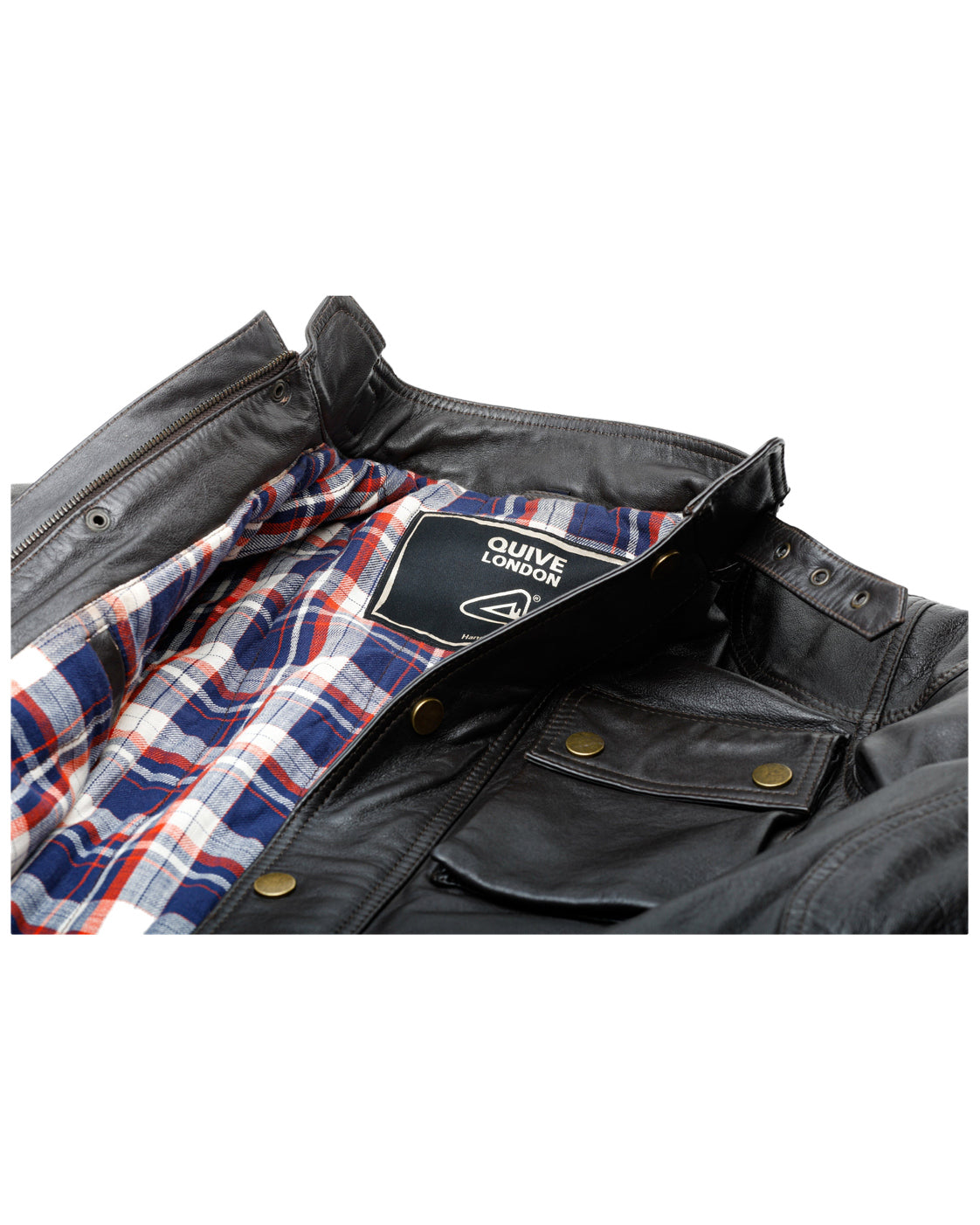 HARROW brown leather jacket collar, checked lining and pocket detail