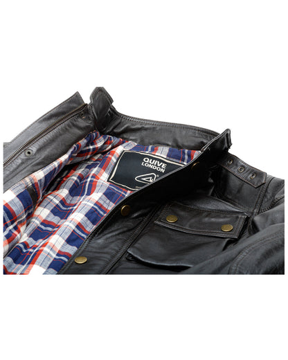 HARROW brown leather jacket collar, checked lining and pocket detail