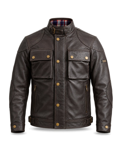 HARROW men's brown sheepskin leather jacket, front studio view