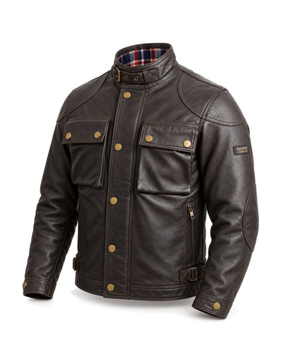 HARROW men's brown sheepskin leather jacket, three-quarter studio view