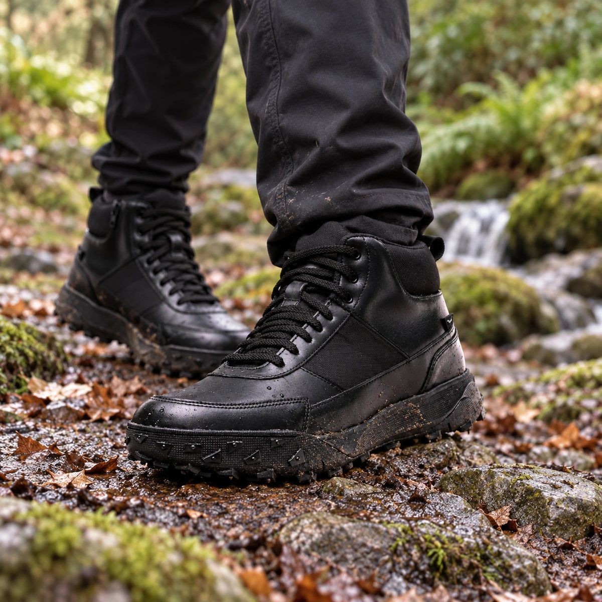 QUIVE Hi-Trek 3.0 black boots worn on a damp woodland trail
