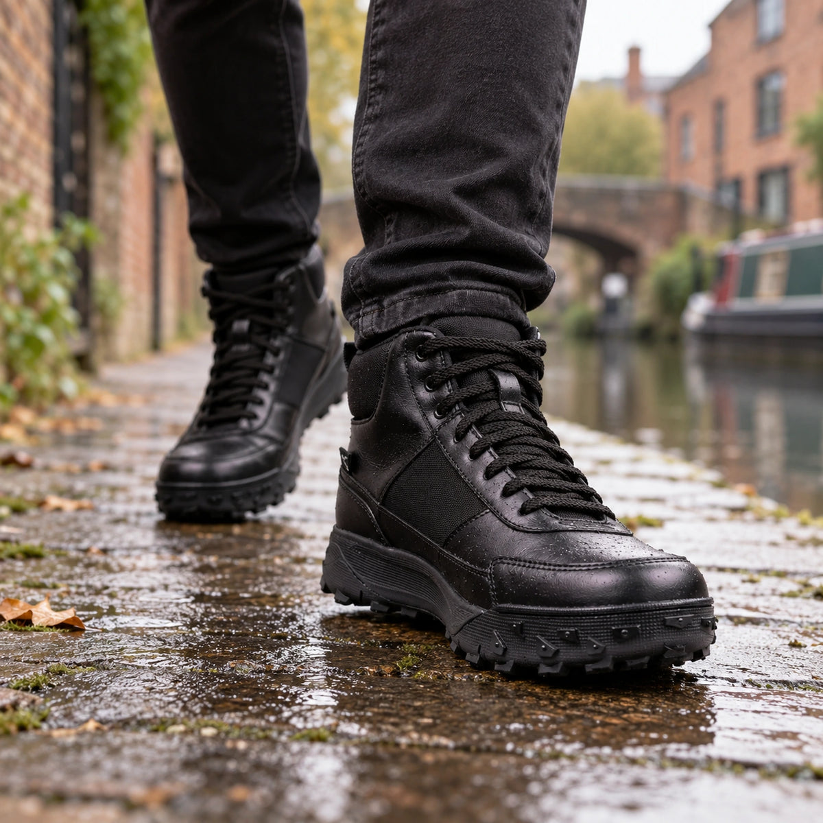 QUIVE Hi-Trek 3.0 black boots worn on a wet British canal towpath