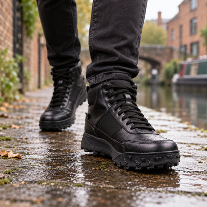 QUIVE Hi-Trek 3.0 black boots worn on a wet British canal towpath