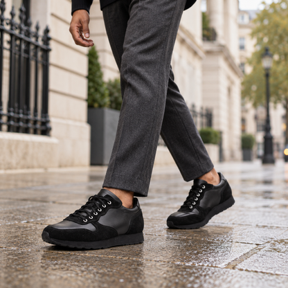 QUIVE London Belgravia leather trainers black in a lifestyle setting