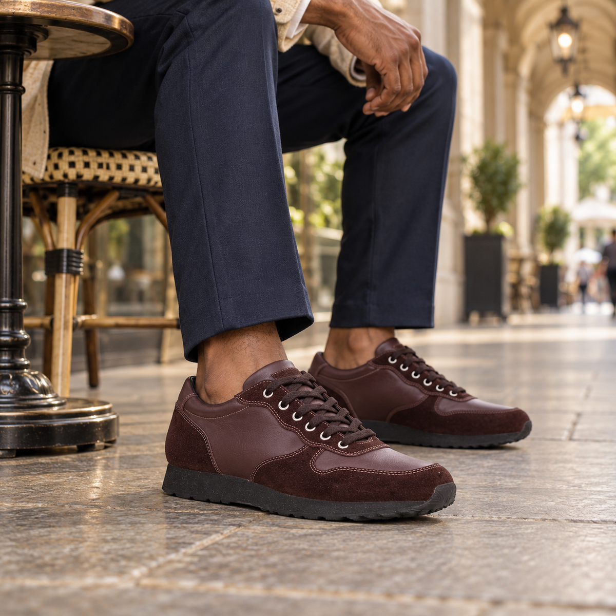 QUIVE London Belgravia leather trainers brown in a lifestyle setting
