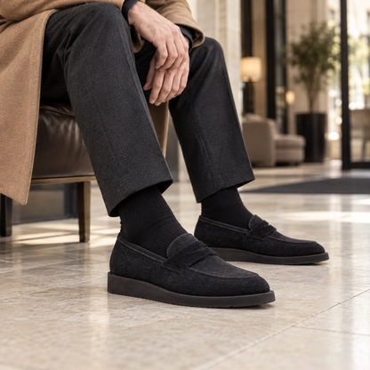 QUIVE London suede leather loafers black in a lifestyle setting