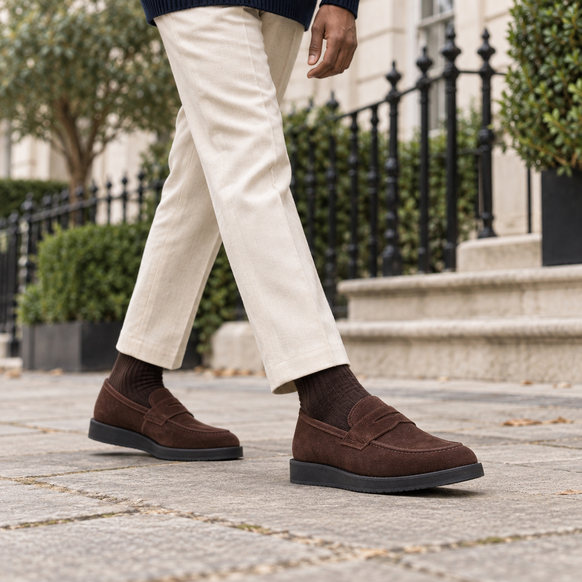 QUIVE London suede leather loafers brown in a lifestyle setting