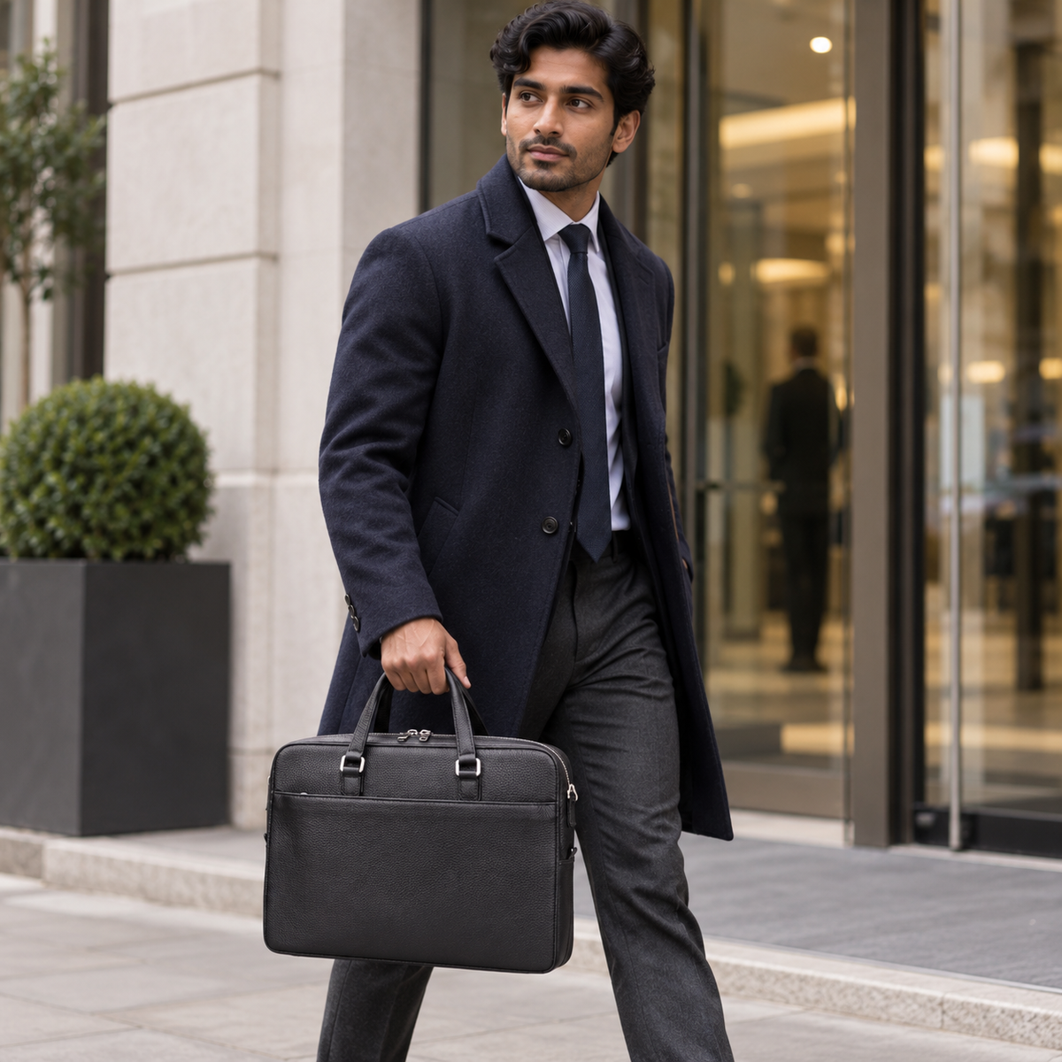QUIVE London Cavendish black leather laptop briefcase carried for work