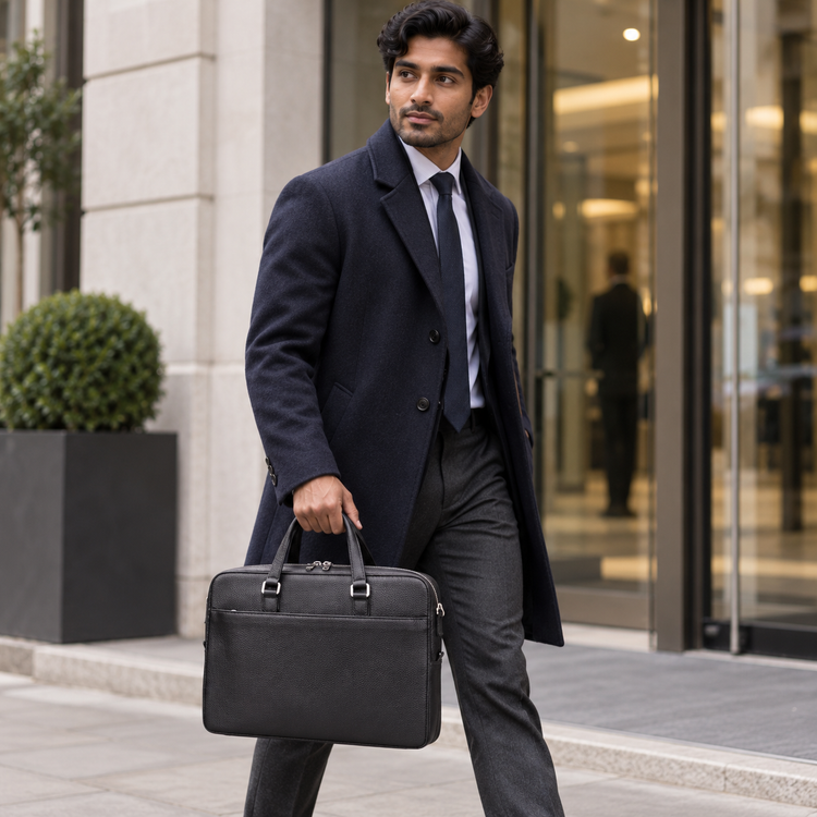 QUIVE London Cavendish black leather laptop briefcase carried for work