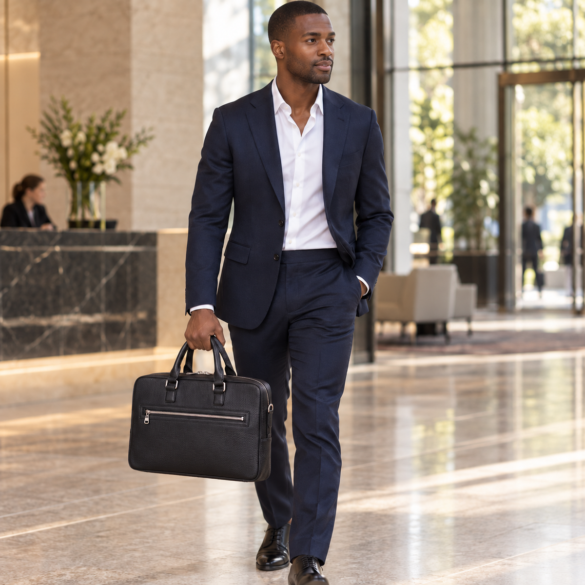 QUIVE London Cavendish leather briefcase in a natural professional setting