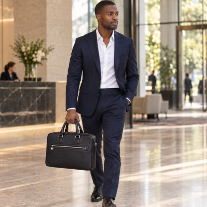 QUIVE London Cavendish leather briefcase in a natural professional setting