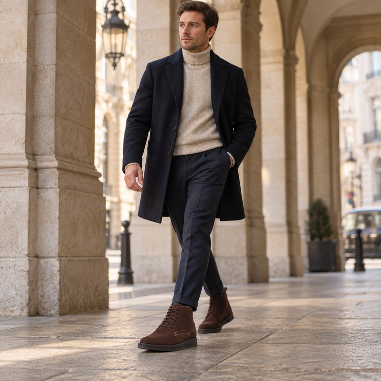 QUIVE London Chester suede chukka boots brown in a lifestyle setting