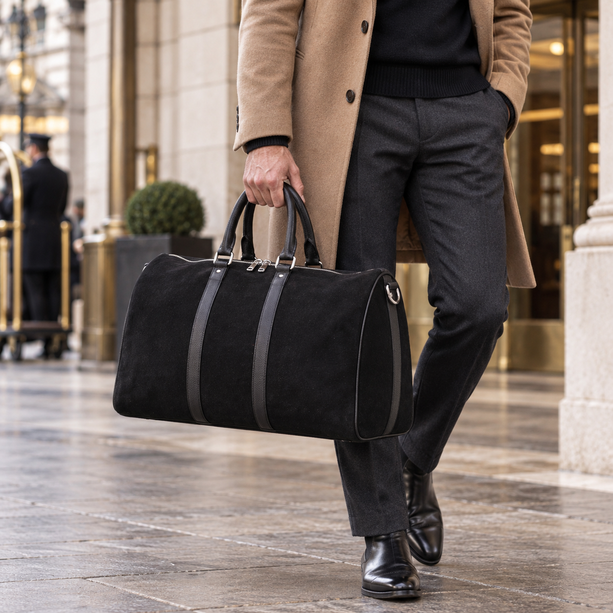 QUIVE London Fitzrovia black suede weekender bag carried during city travel