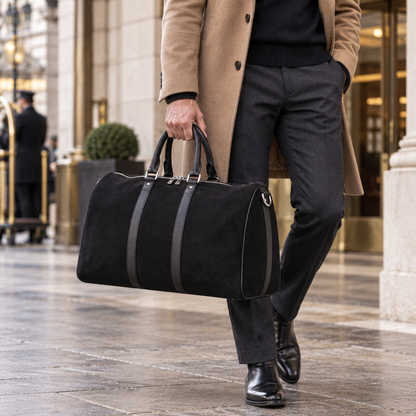 QUIVE London Fitzrovia black suede weekender bag carried during city travel