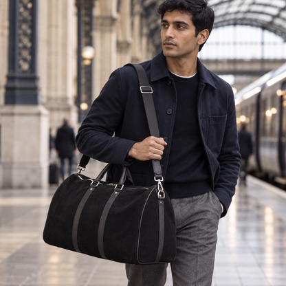 QUIVE London Fitzrovia black suede weekender bag in a natural travel setting
