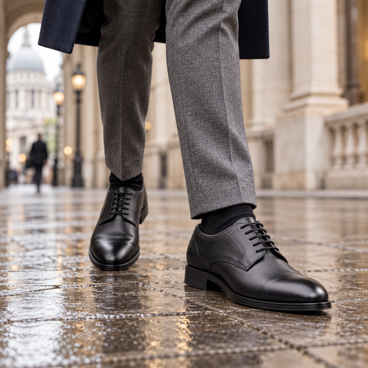 QUIVE London Harrington black leather Derby shoes worn with formal tailoring