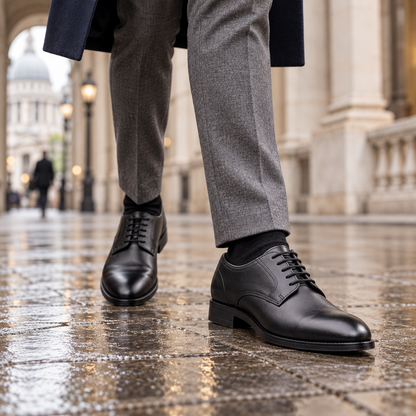 QUIVE London Harrington black leather Derby shoes worn with formal tailoring