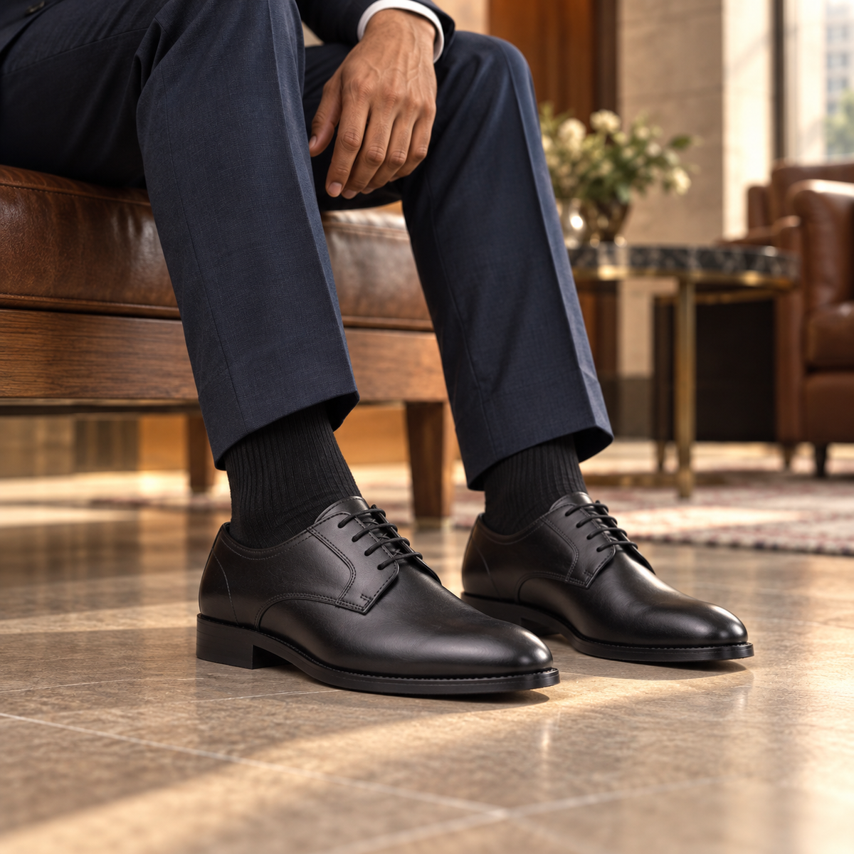 QUIVE London Harrington black leather Derby shoes in a smart-casual street setting