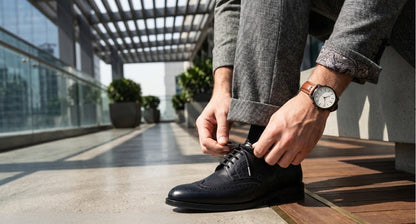 QUIVE London Kensington black leather Derby shoes worn with smart trousers