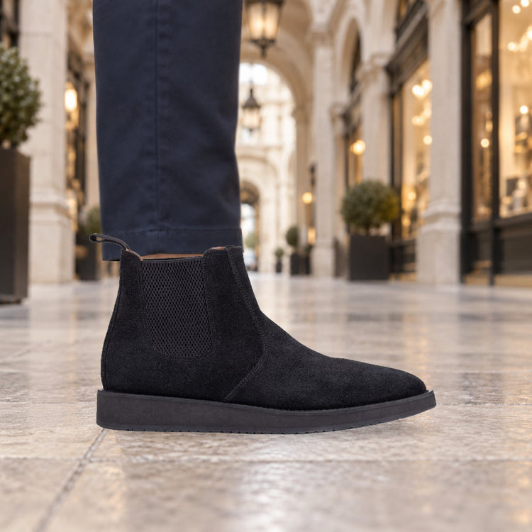 QUIVE London Mayfair suede Chelsea boots black in a lifestyle setting