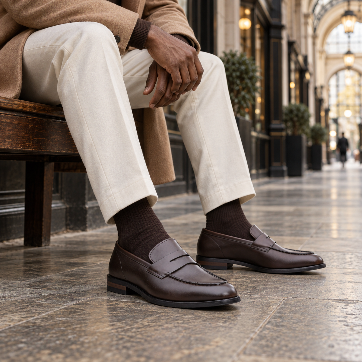 QUIVE London Perth leather penny loafers brown in a lifestyle setting