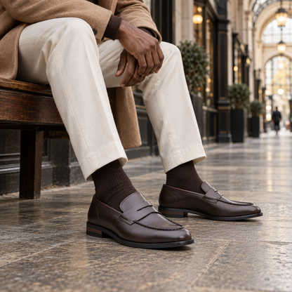 QUIVE London Perth leather penny loafers brown in a lifestyle setting
