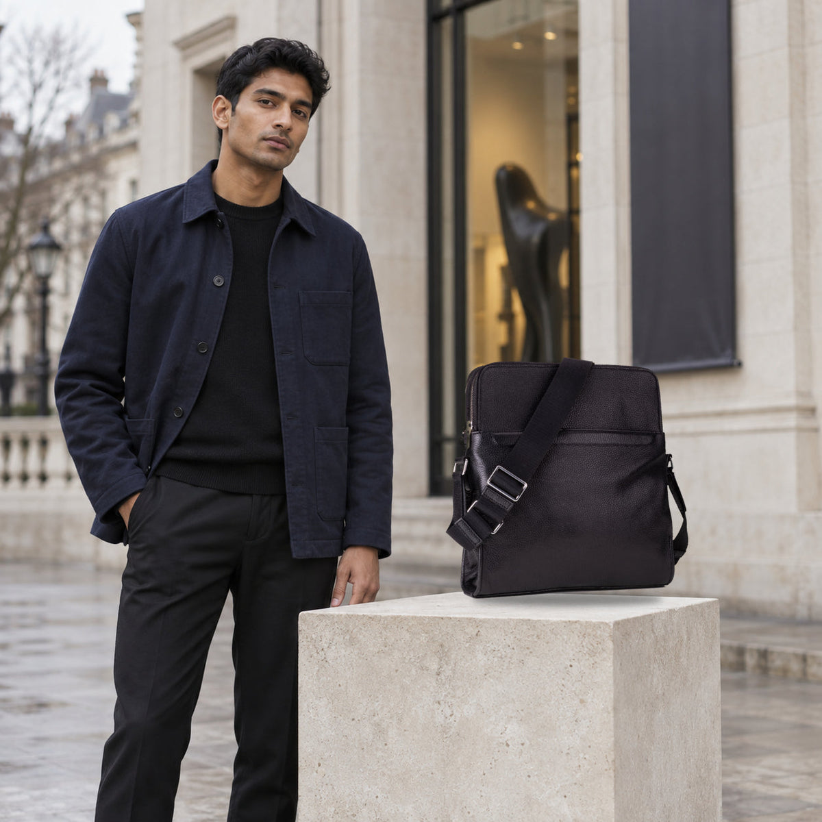 QUIVE London Portman black leather crossbody bag worn in the city