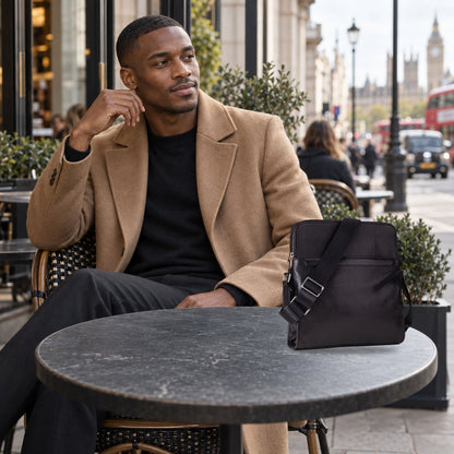 QUIVE London Portman leather crossbody bag in a natural travel setting
