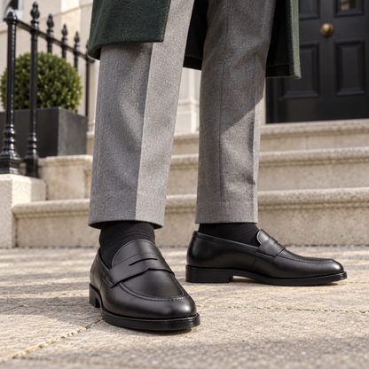 QUIVE London Ventor leather penny loafers black in a lifestyle setting