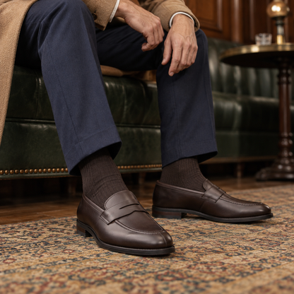 QUIVE London Ventor leather penny loafers brown in a lifestyle setting