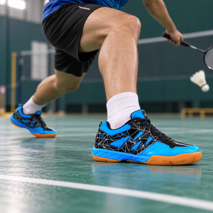 Blue QUIVE Lotus court shoes worn during a badminton lunge
