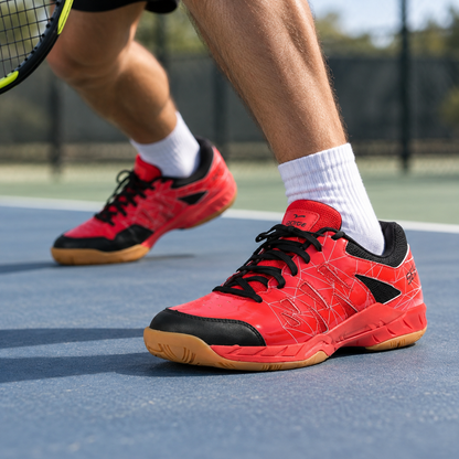 Red QUIVE Lotus court shoes worn during a tennis warm-up