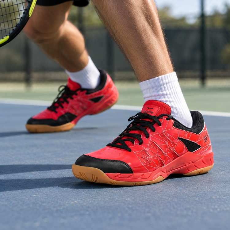 Red QUIVE Lotus court shoes worn during a tennis warm-up