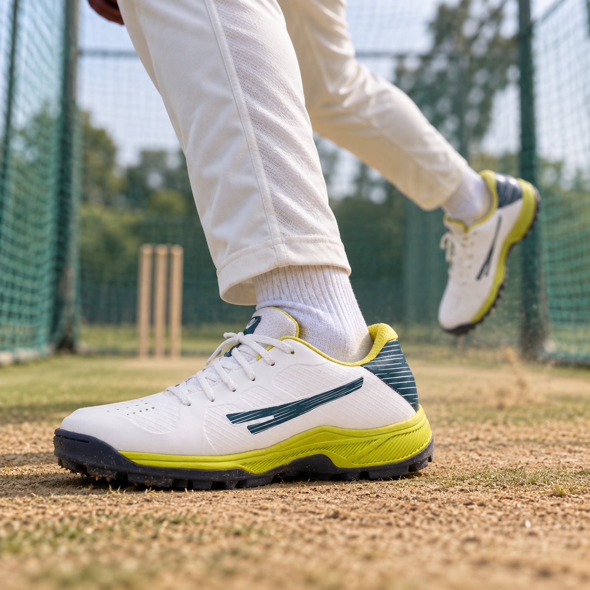 White and lime QUIVE Parker R07 cricket shoes worn during bowling practice